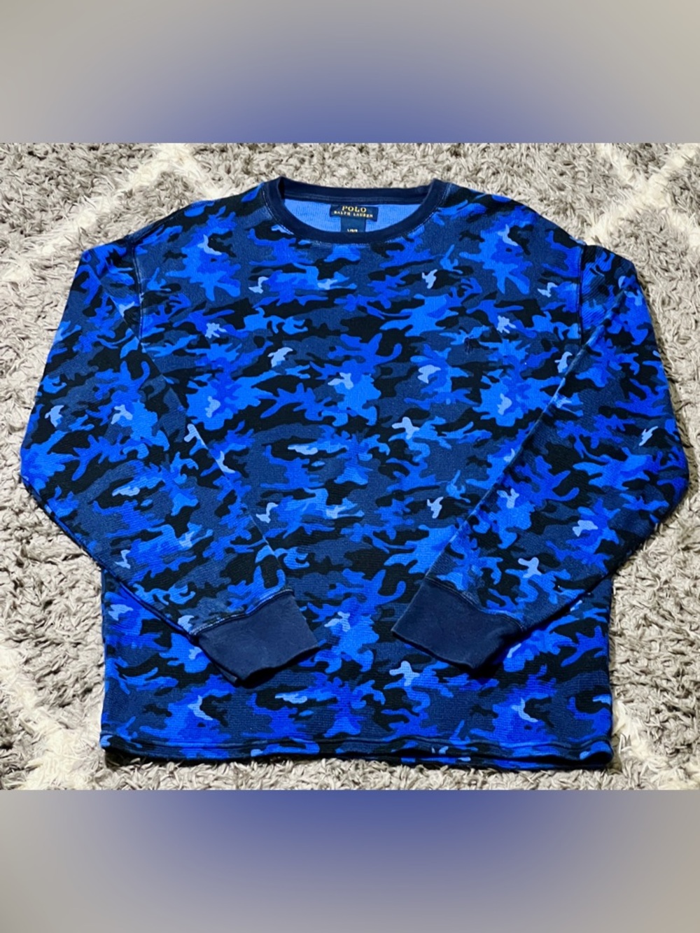 Vintage Polo by Ralph Lauren Blue Camo Waffle Knit Crewneck Sweater | Size Large